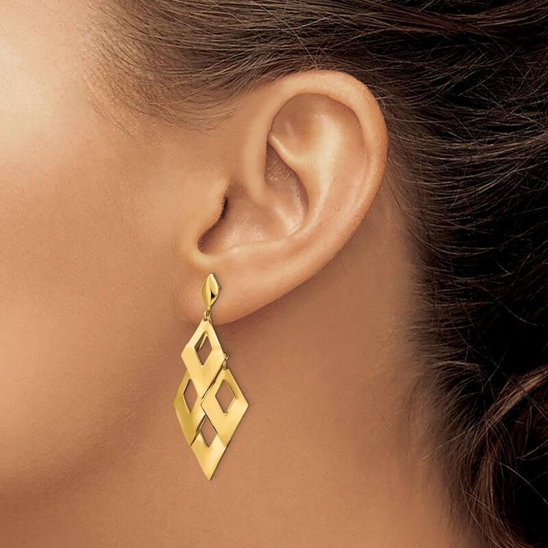 Curata 14k Yellow Gold Brushed Diamond-shaped Chandelier Post Dangle Earrings 43.75mm long
