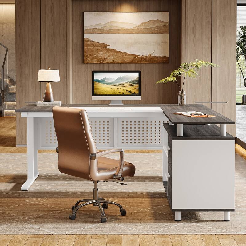 63-Inch L-Shaped Executive Desk with Storage Shelves