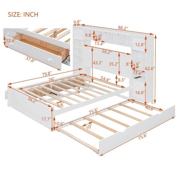 dimension image slide 2 of 6, Modern Platform Bed with Integrated Cabinet, Trundle Bed and Drawers