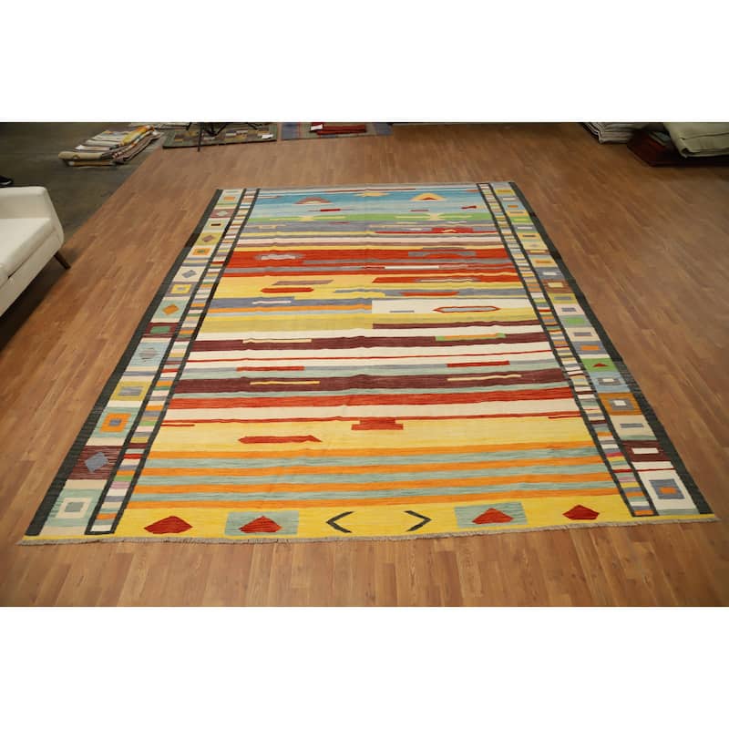 Hand Woven Oriental 100% Wool Carpet Southwestern Modern Multi-Colored Kilim Area Rug - 12' 10'' X 9' 11''
