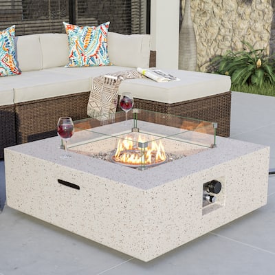 COSIEST Outdoor Square Fire Pit Table w Wind Glass, Fire Glass