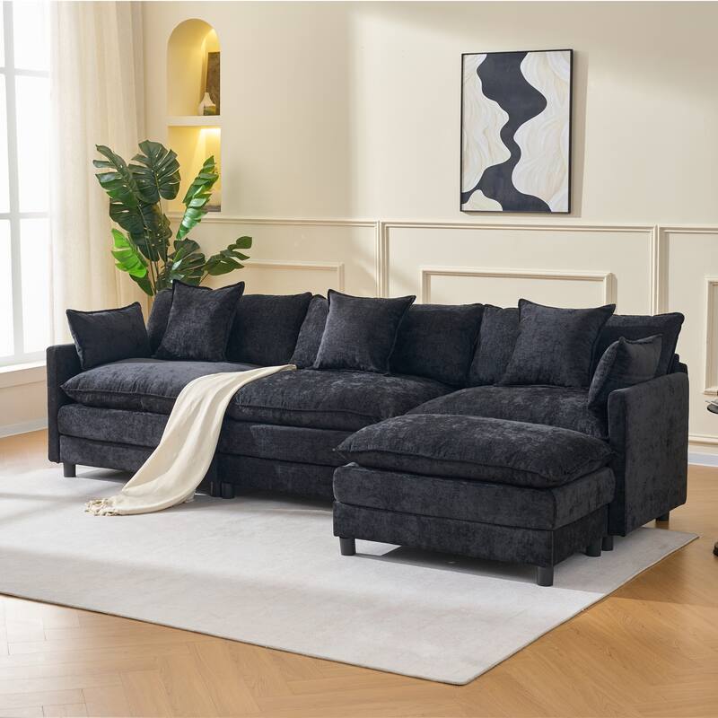 108" L-Shaped Sectional Sofa with Ottoman, 4-Seat Chenille Deep Seat Couch with Pillows, Modern Oversized Sofa for Living Room
