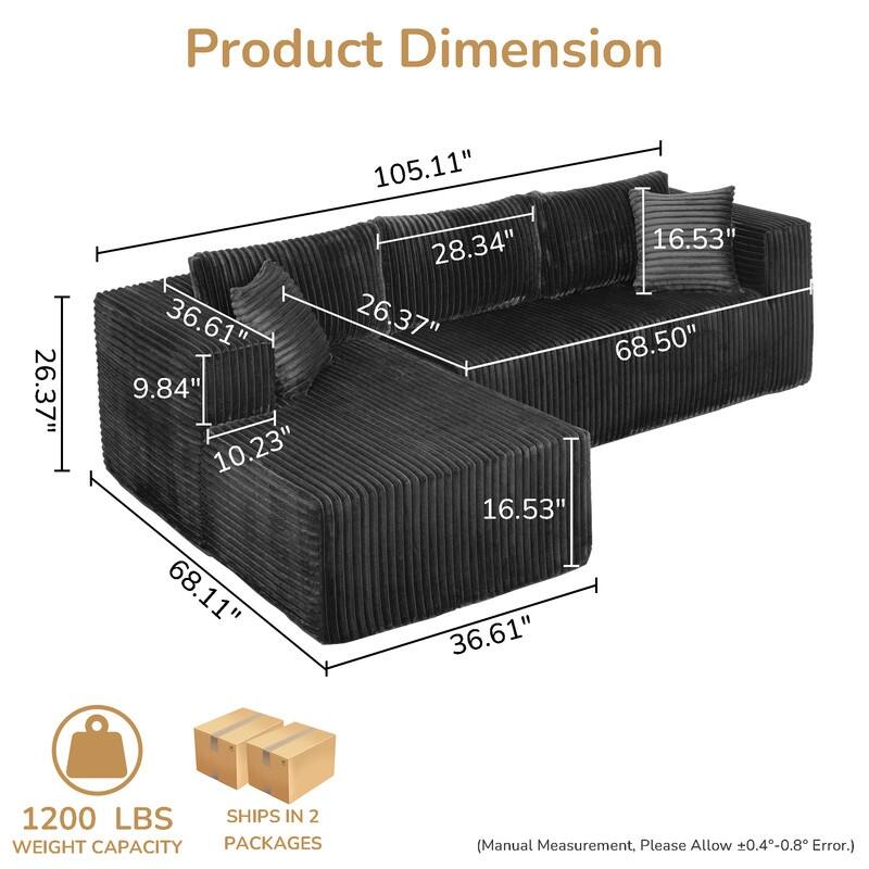 105 in. Wide Square Arm 2-Piece Modern Corduroy Fabric L-Shape Modular Sectional Sofa