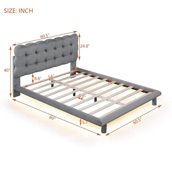 dimension image slide 0 of 2, Marshmallow Shaped Button-Tufted Headboard LED Platform Bed