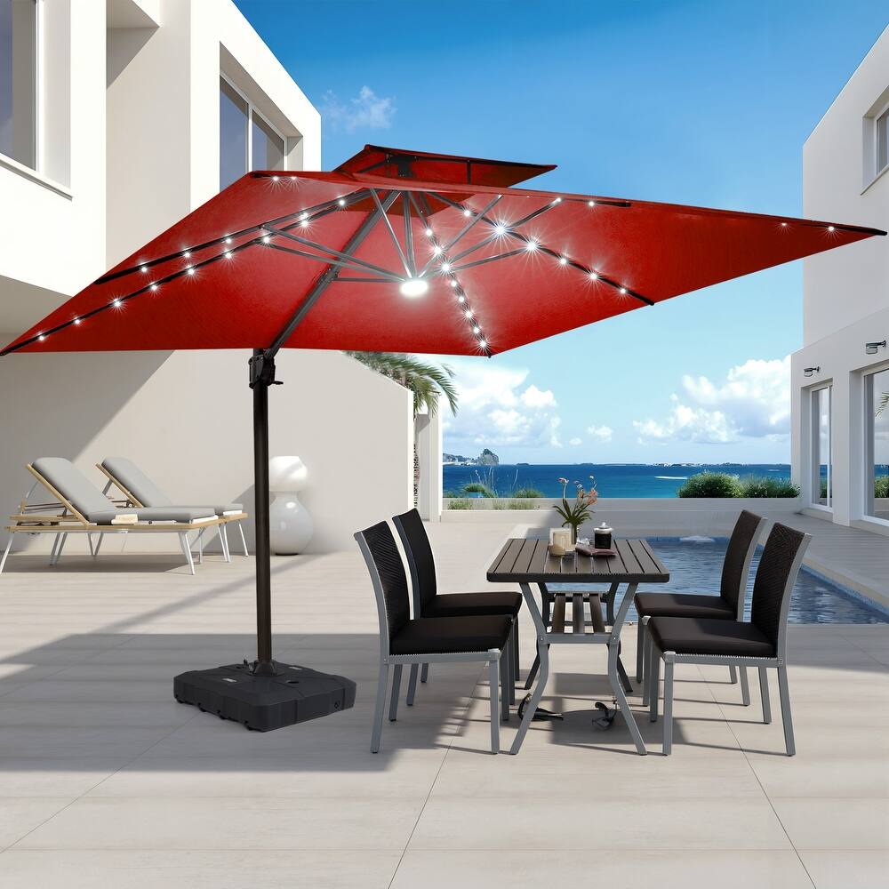 VredHom 9 x 11ft Outdoor Aluminum Dual Top Cantilever Patio Umbrella LED Light with HDPE Base