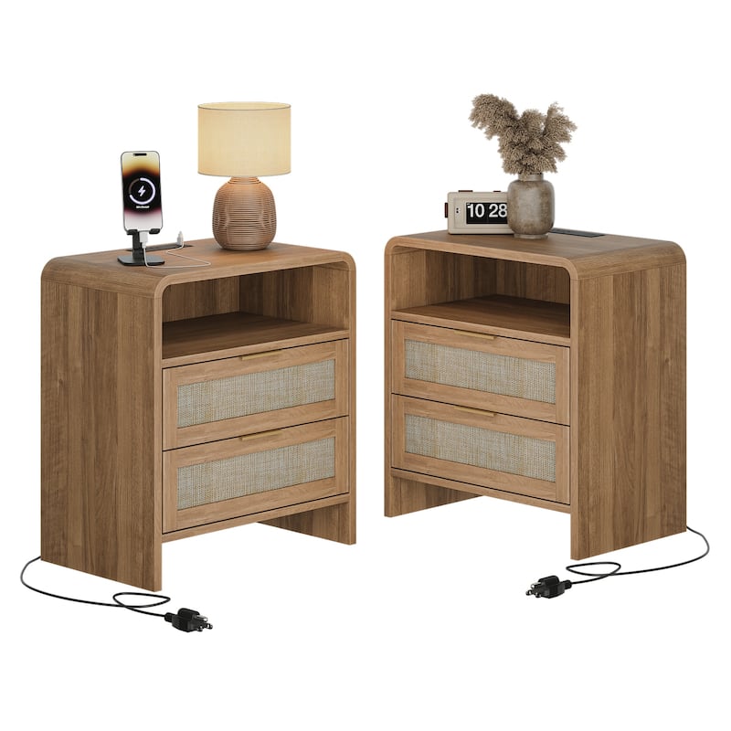 Rattan Nightstand with Charging Station Set of 2, 2 Drawers & Open Shelf, 22.8"Wide Curved Wooden Bedside Table - Caramel