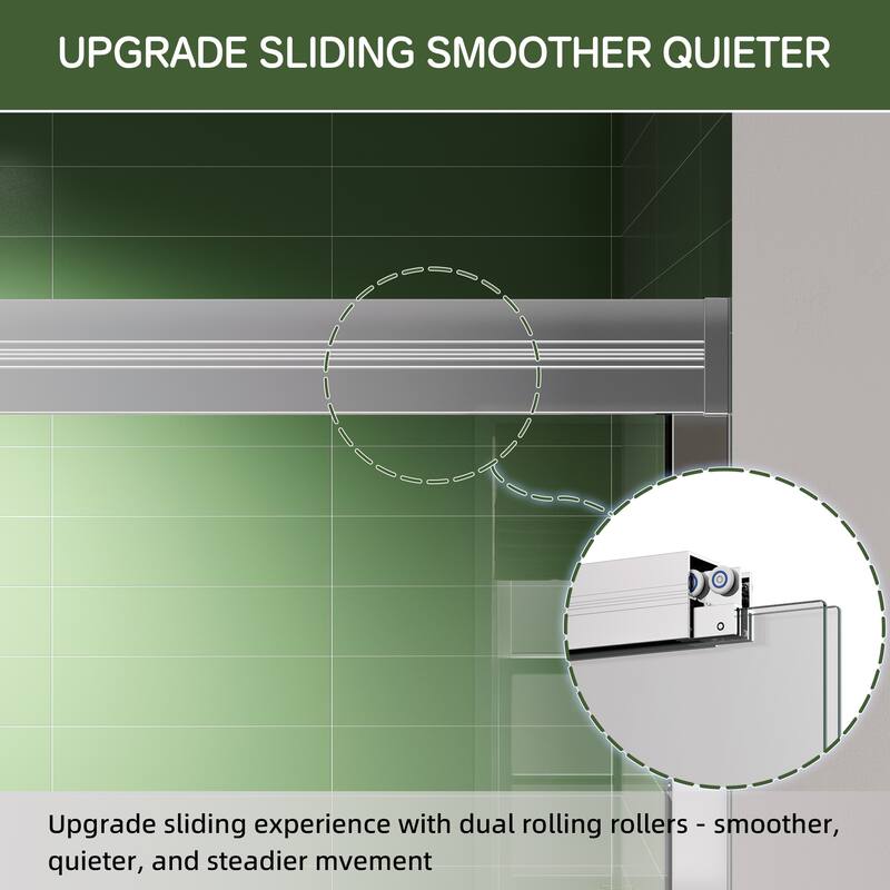 60x60 Sliding Tub Shower Door, Double Bypass, 6mm Tempered Glass, Bright Aluminum Frame, Hidden Rollers, 4 in Adjustable