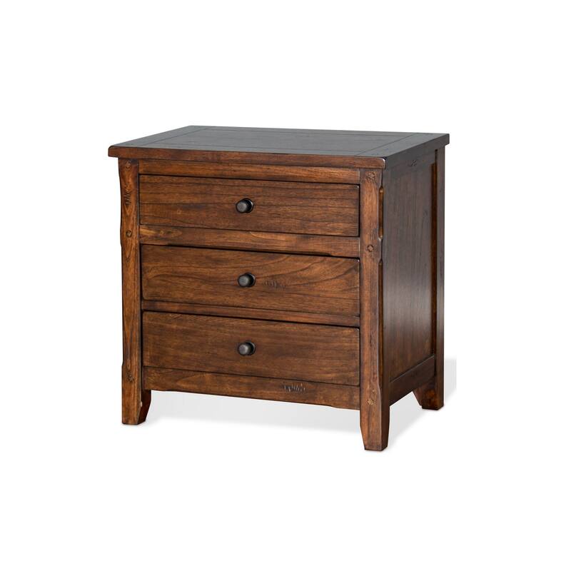 Odell Nightstand, 3 Drawers, Bronze, Rustic Dark Brown Solid Wood