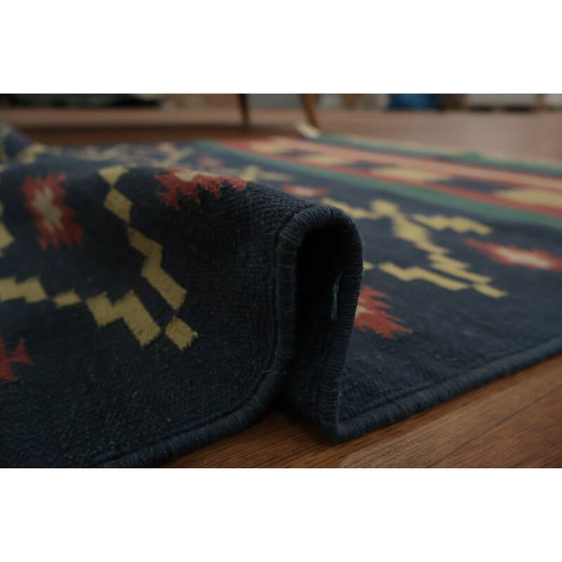 Hand Woven Oriental 100% Wool Carpet Southwestern Geometric Navy Blue & Blues Kilim Area Rug - 6' 2'' X 4' 3''