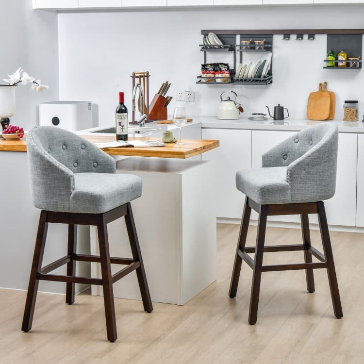 Set of 2 Swivel Bar Stools Tufted Bar Height Pub Chairs with Rubber Wood Legs - 21.5" x 21" x 41.5" (L x W x H)