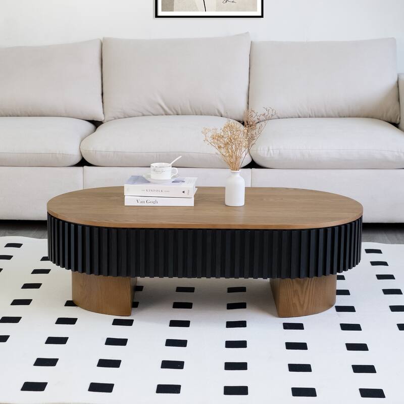 GDFStudio Nyverra Solid Wood Veneer Elliptical Coffee Table with Hidden Storage and Removable Top