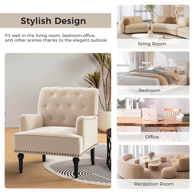 Geltrude Transitional Upholstered Button Tufted Club Chair with turned wooden Legs by HULALA HOME