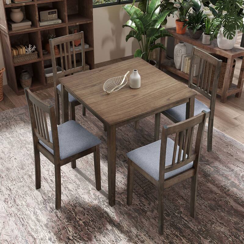 Kitchen Breakfast Nook Dining Table Chairs Set Square Wooden Dining Table Casual Dining Table with 4 Upholstered Dining Chairs - Oak