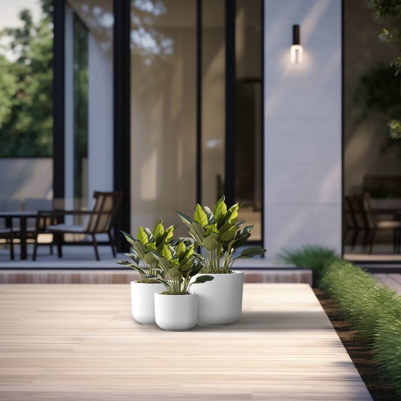 Tall Concrete Round Plant Pots / Large Indoor and Outdoor flower Planters - 3 Piece Set (11.5, 13.5, 9.5 Inch Diameter) - Crisp White