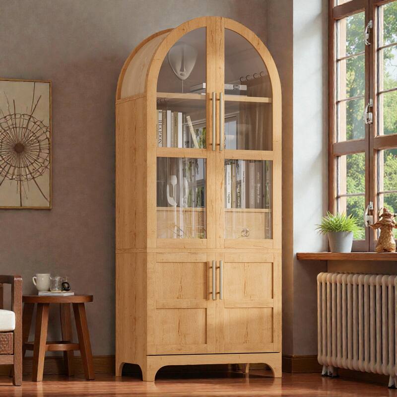 71" Tall Arched Kitchen Pantry Cabinet with Glass Door, Door Shelves, Adjustable Shelves and Hidden Drawer for Dining