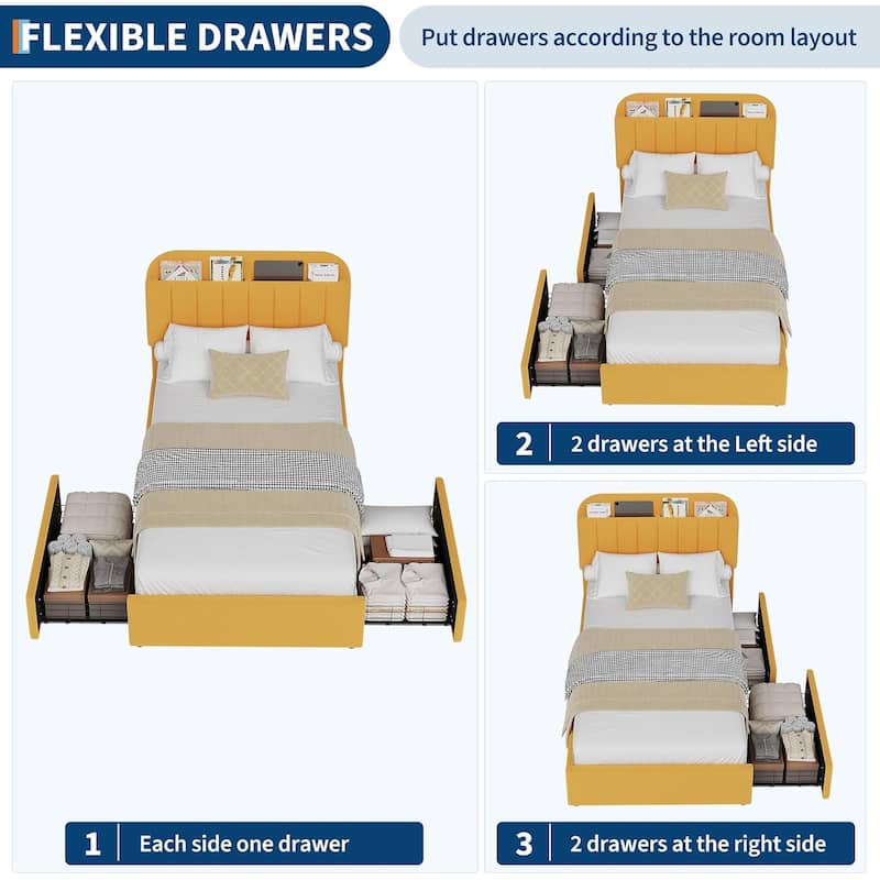 Bed Frame with 2 Drawers, Boucle Upholstered