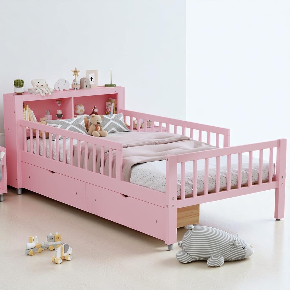 Twin Platform Bed with Storage Headboard, Under-Bed Drawers, and Three-Side Safety Guardrails