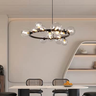 30 inches wide 15-light Wagon Wheel Iron Black Chandelier with Clear Glass Shade