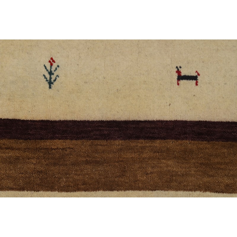 Striped Gabbeh Oriental Rug Handmade Beige Tribal Wool Carpet - 3'11" x 5'7"