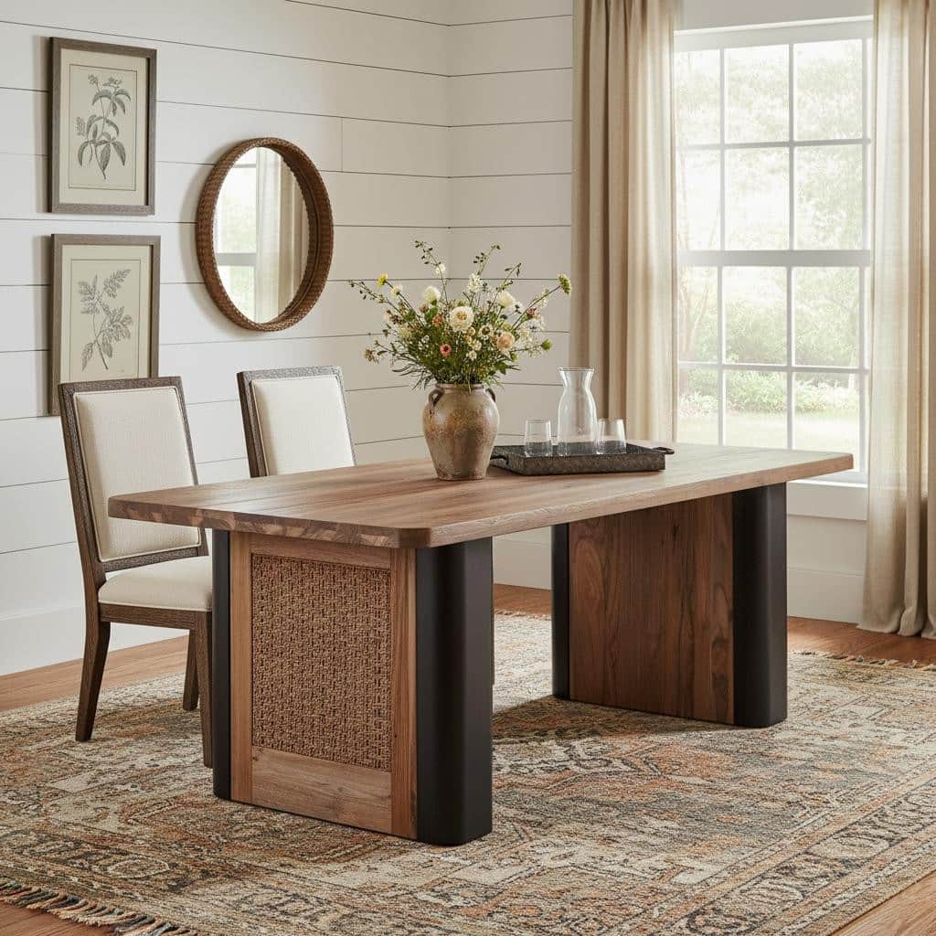 HomeRoots 71" Natural and Black Reclaimed Wood And Rattan Dining Table - 70.80 in. x 30.70 in. x 39.40 in.