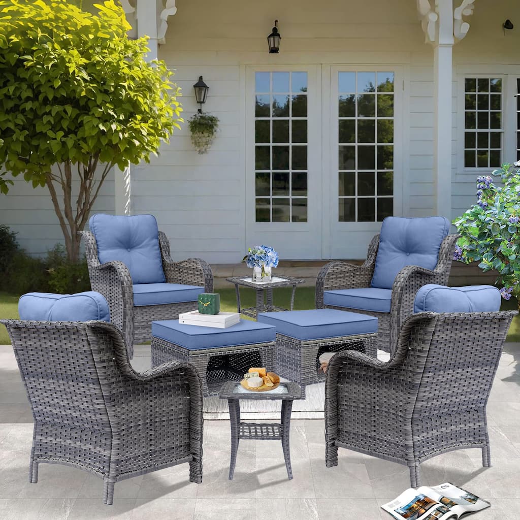 8 Piece Outdoor Wicker Patio Furniture Conversation Chair and Ottoman Set
