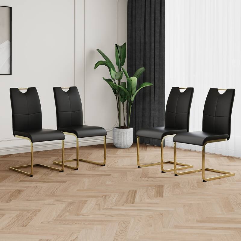 Modern Set of 4 Dining Chairs with Leather Cushioned Seat, Chrome Metal Legs, for Dining Room, Living Room, and Bedroom - Black+Gold