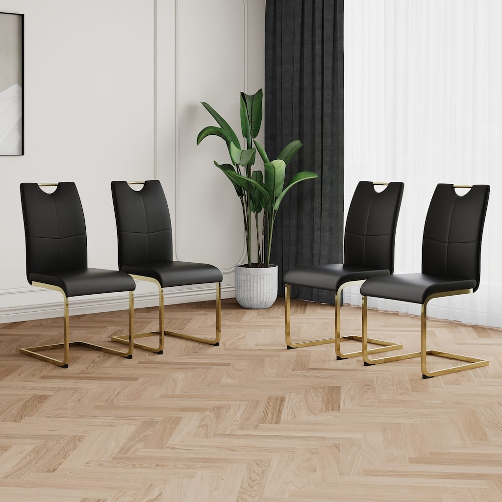 Modern Set of 4 Dining Chairs with Leather Cushioned Seat, Chrome Metal Legs, for Dining Room, Living Room, and Bedroom