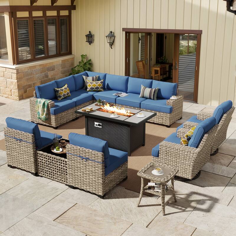 HOOOWOOO 13-piece Outdoor Wicker Furniture Swivel Chair Set with 54" Fire Pit Table - Denim Blue