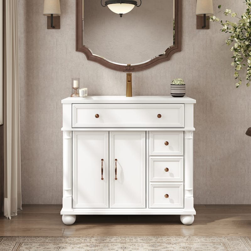 28"/36" Bathroom Vanity with Sink, Integrated Ceramic Basin Vanity Cabinet with Roman Column Base, Solid Wood Frame