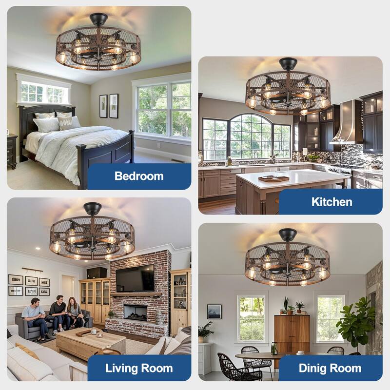 20-26" Caged outdoor Ceiling Fan with Light: Remote App Control-Farmhouse Fandelier Flush Mount Fixture Reversible 6 Speed Timer