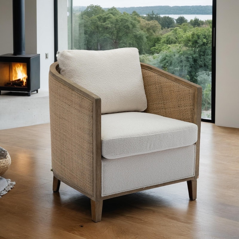 Swivel Barrel Chair with Rattan Design, Leather Accent Sofa Chair, Club Chair with Pillow, Leisure Arm Chair for Living Room - Beige