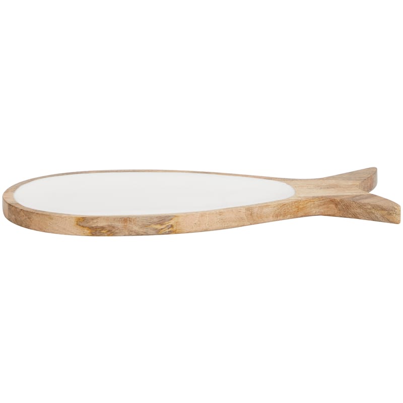 Mango Wood Fish Tray with White Enameled Interior - Brown - Roche River Decor - 8"W x 20"L x 1"H