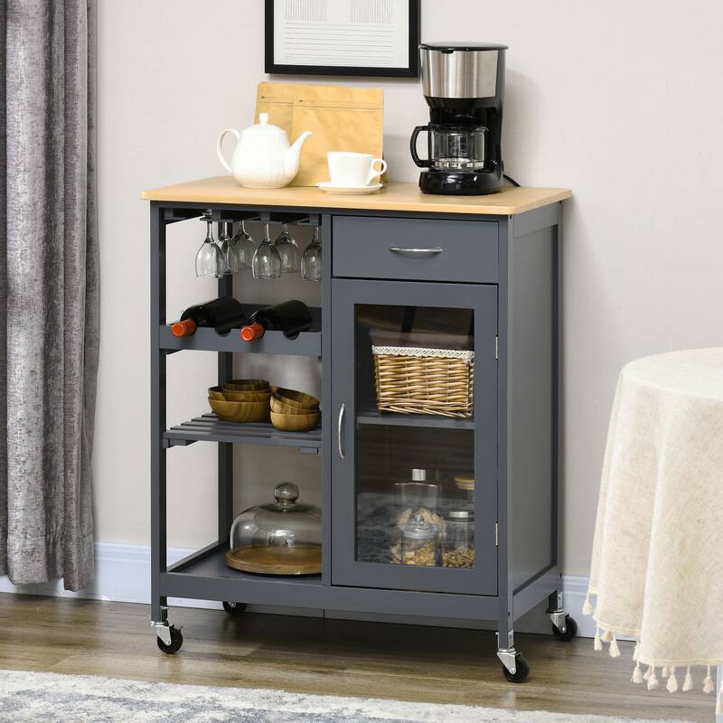 30" Rolling Kitchen Island with 4 Bottles Wine Rack and Stemware Holder
