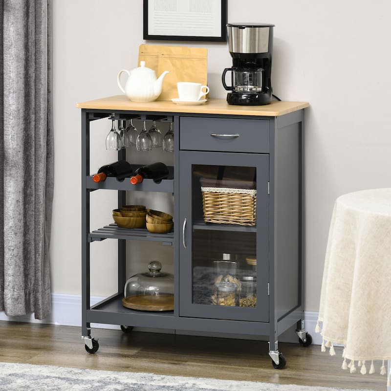 Rolling Kitchen Island with Storage, Kitchen Cart with 4-bottle Wine Rack, Stemware Holder, Shelves, Drawer and Cabinet