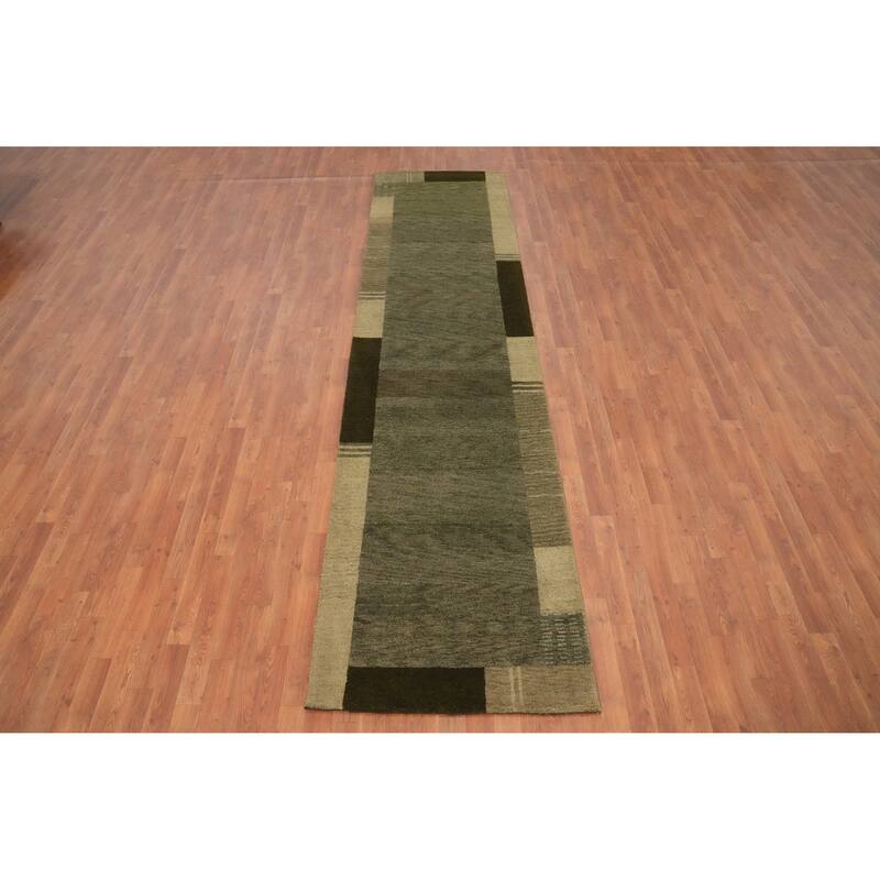 Hand Knotted Oriental 100% Wool Carpet Modern Solid Green Gabbeh Runner Rug - 12' 0'' X 3' 0''