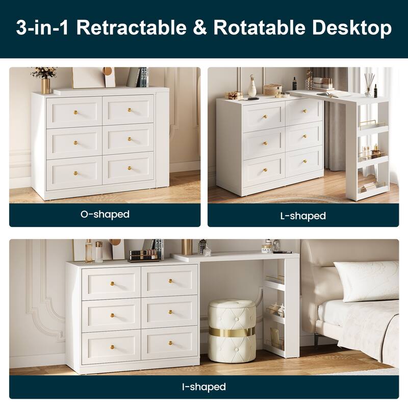 Extendable Makeup Vanity Desk with 6 Drawers