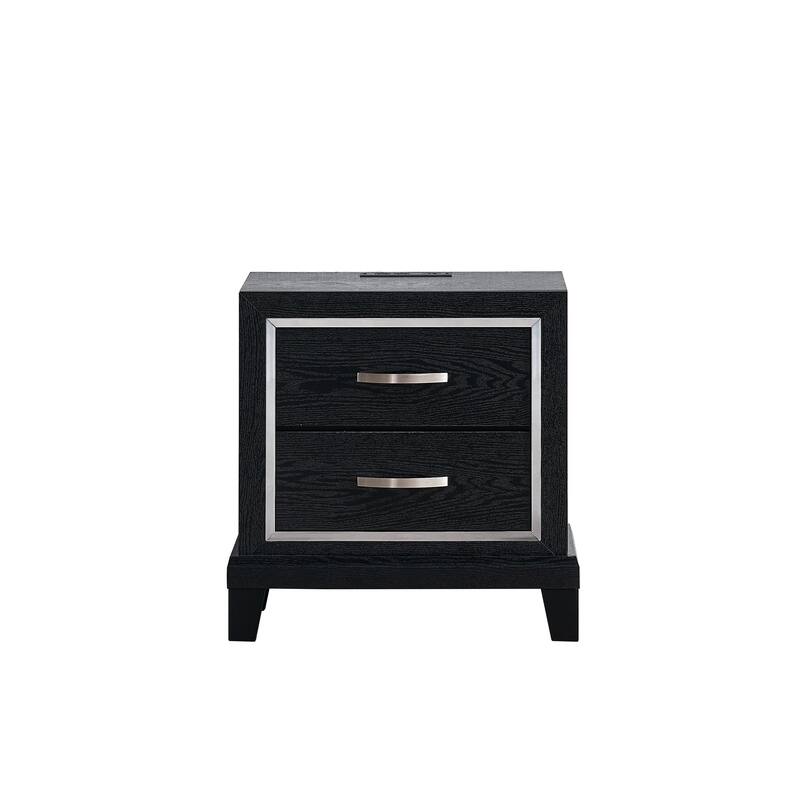 2 Drawer Nightstand with AC and USB Outlets, Black Finish
