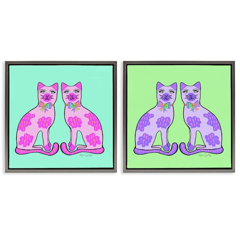 Stupell Bright Purple Cat Pairs Framed Floater Canvas Wall Art Design By Katie Conley (Set of 2) - 25 x 25 - Grey