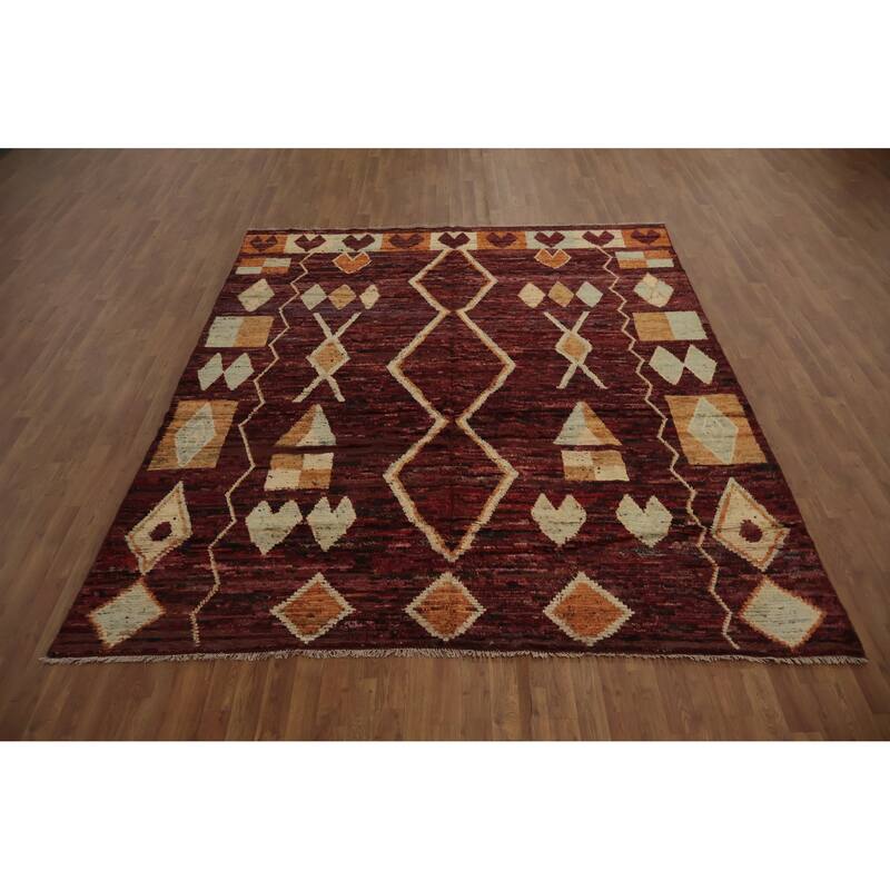 Hand Knotted Oriental 100% Wool Carpet Modern Tribal Red Moroccan Area Rug - 9' 9'' X 8' 3''