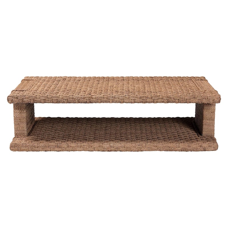 Rhinos Handwoven Seagrass Coffee Table with Open Shelf - Rectangular Wicker Center Table for Living Room, Coastal Boho Style