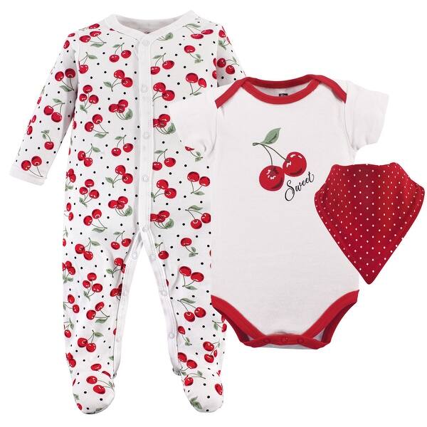 slide 1 of 1, Hudson Baby Infant Girl Cotton Sleep and Play, Bodysuit and Bandana Bib Set, Cherries 0-3 Months - Cherries