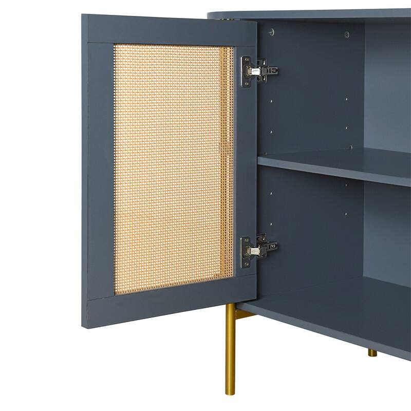 Elegant Curved Buffet Cabinet with 2 Woven Rattan Doors, Sideboard Accent Storage Cabinet with Storage Shelves & with Gold Trim
