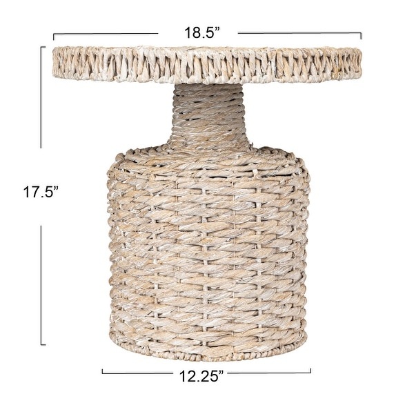 Hand-Woven Water Hyacinth Side Table, Round, Boho, Light Tone - On