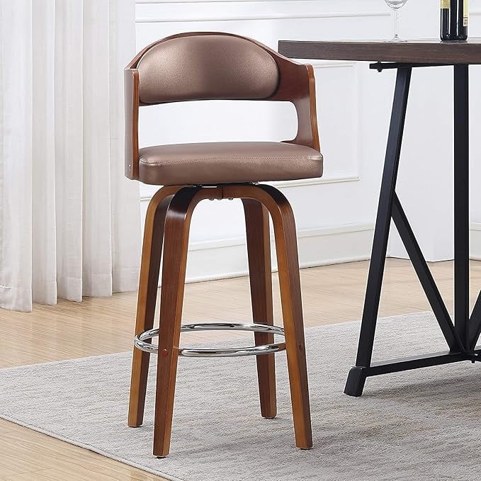 Wood and Faux Leather Black Mid-Century 27-Inch Counter Seat Height Swivel Barstool