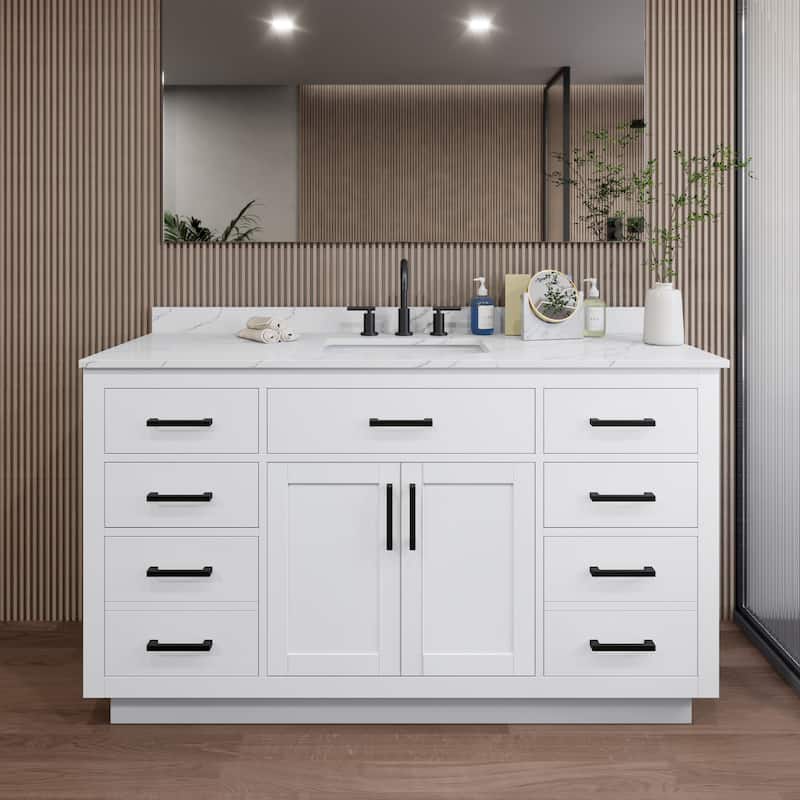 Wyndham Collection WCG262660S-QTZ-US3MXX Beckett TK 60" Free Standing - White / Giotto Quartz Top / Matte Black Hardware
