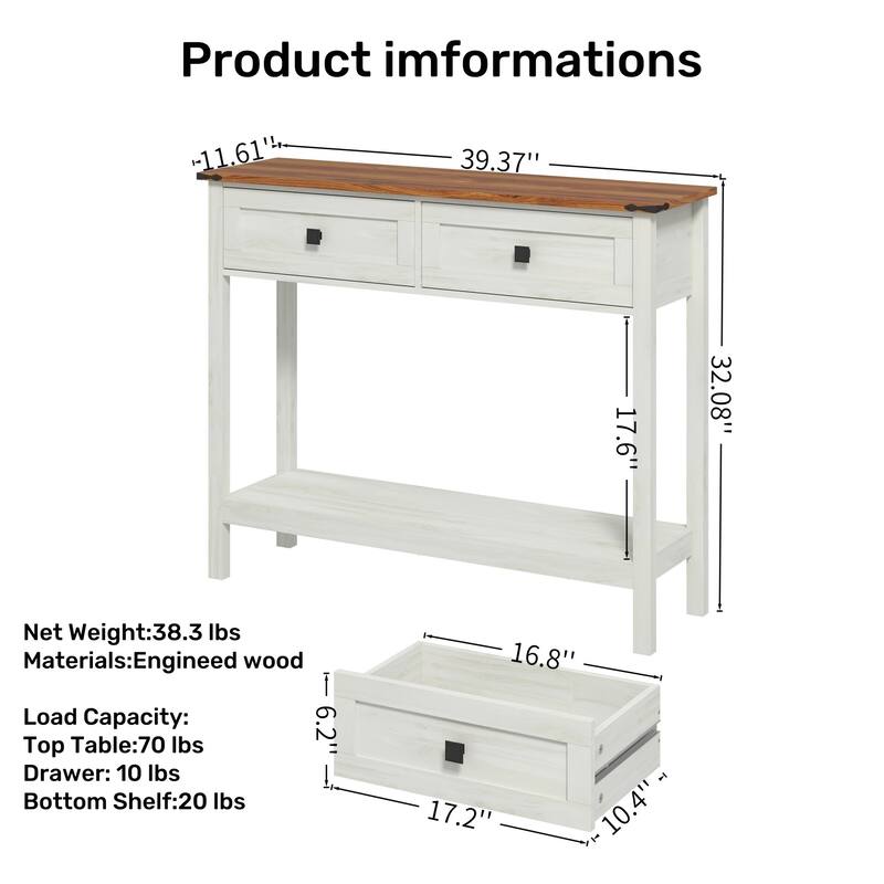 Farmhouse Style Console Table with 2 Drawers and Storage Shelf for Entryway Living Room Antique White