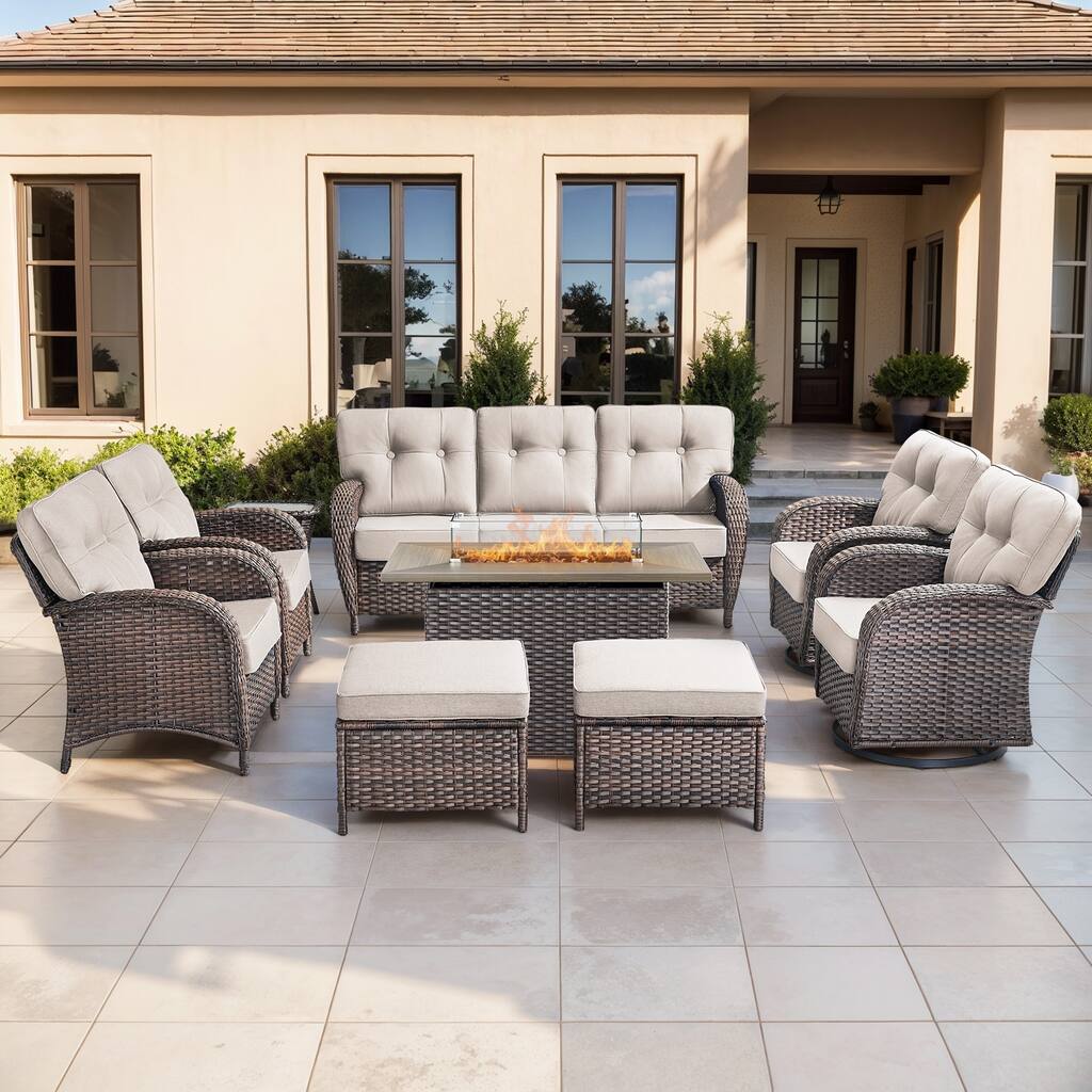 Gymojoy 9-Piece Outdoor Wicker Patio Furniture Sofa Set with 55,000 BTU Fire Pit Table, Swivel Chairs, Ottomans & Side Tables