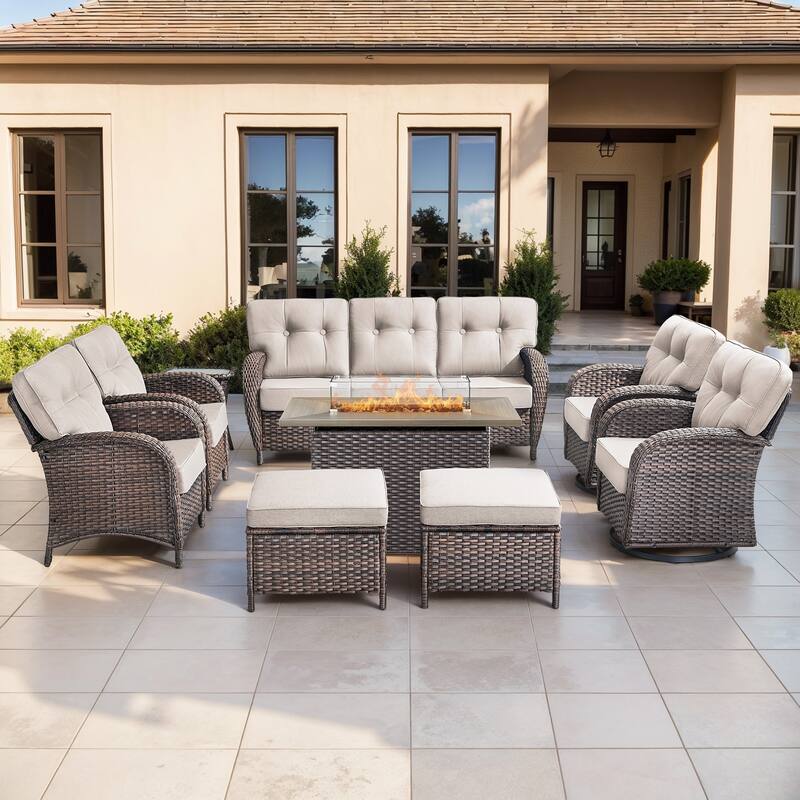 Gymojoy 9-Piece Outdoor Wicker Patio Furniture Sofa Set with 55,000 BTU Fire Pit Table, Swivel Chairs, Ottomans & Side Tables - Brown Wicker / Beige Cusion - 9-Piece