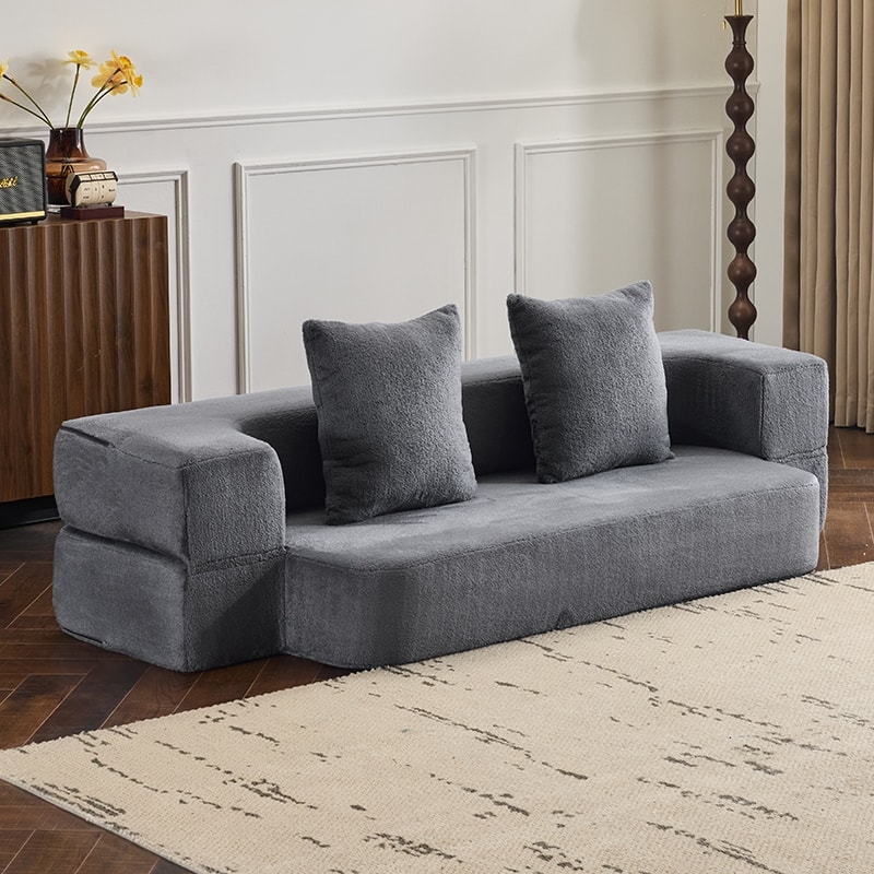Sectional Sofa With 3 Ottoman Stools - Supportive Foam Fold-Out Bed, Compact Chenille Lounger