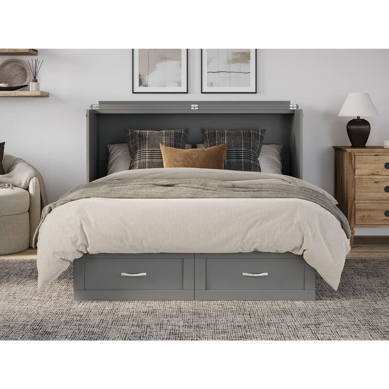 Queen Murphy Bed Chest Solid Wood - Grey Storage Bed with Mattress & USB Ports - Space Saving Furniture
